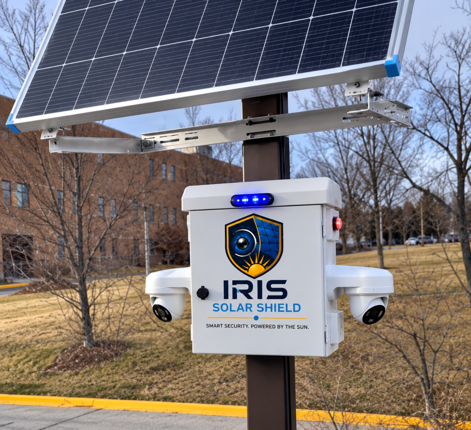 JD100 white solar surveillance enclosure with dual cameras and solar panel
